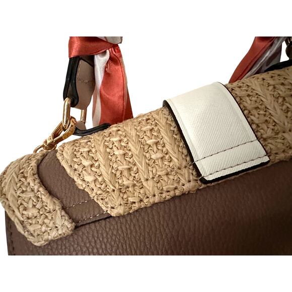 ALDO Satchel Beige & Taupe Straw Flap Bag with Melon Pink Twilly - Picture 7 of 9